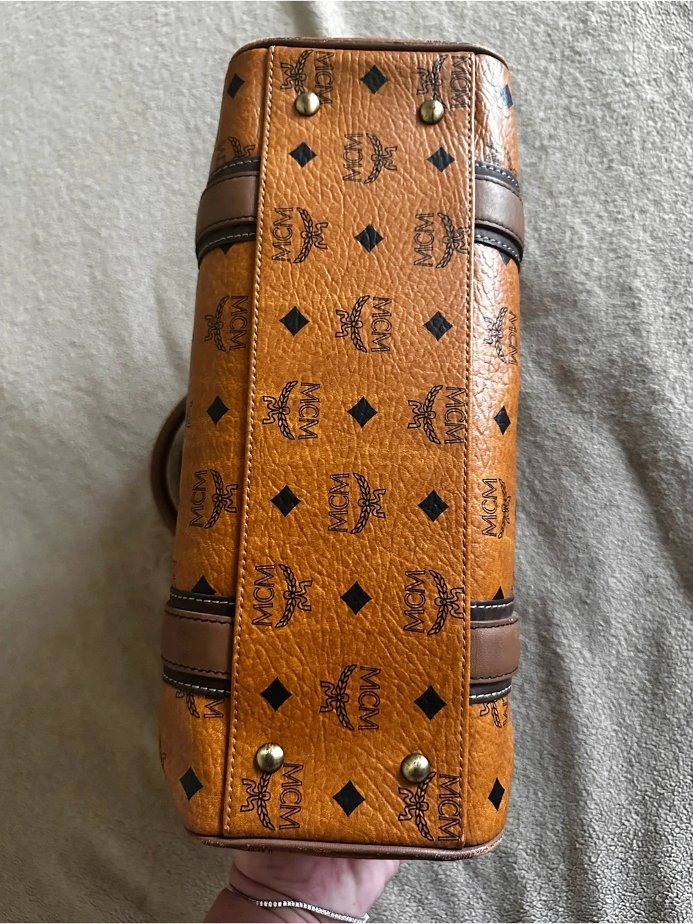 MCM Visetos Cognac Logo Satchel with Brown Trim